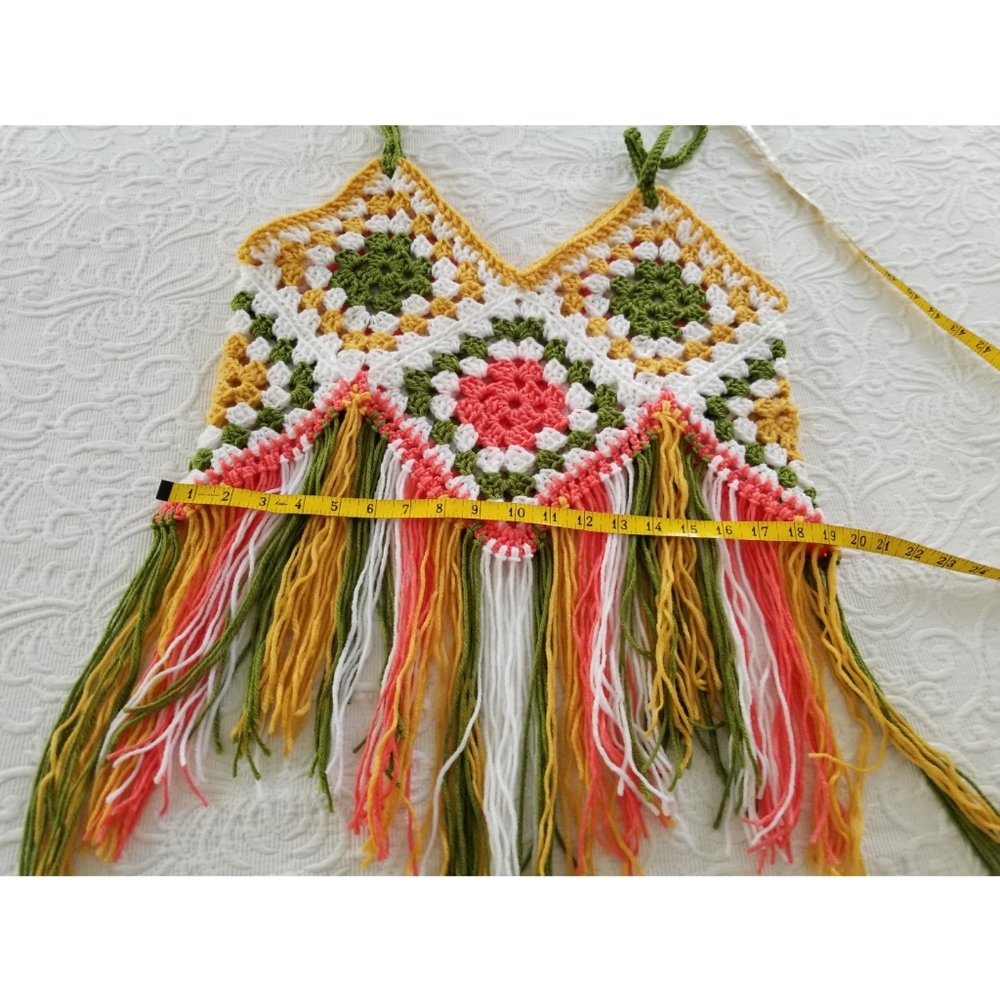 Fringed crop top granny squares boho hippie crochet Festival Party Funky - Picture 5 of 9